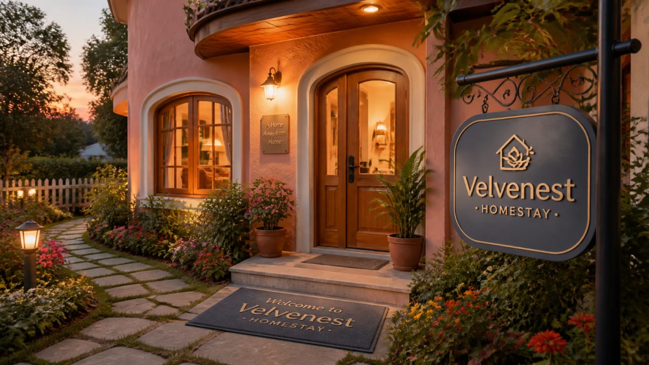 Velvenest Homestay elegant warm-lit exterior entrance